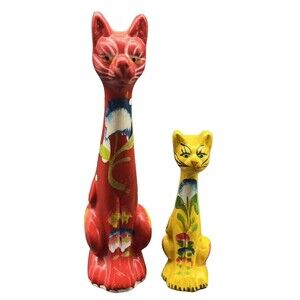 Folk Art Hand Painted Long Neck Cat Figurines 4” & 2.5” VTG MCM Anthropomorphic